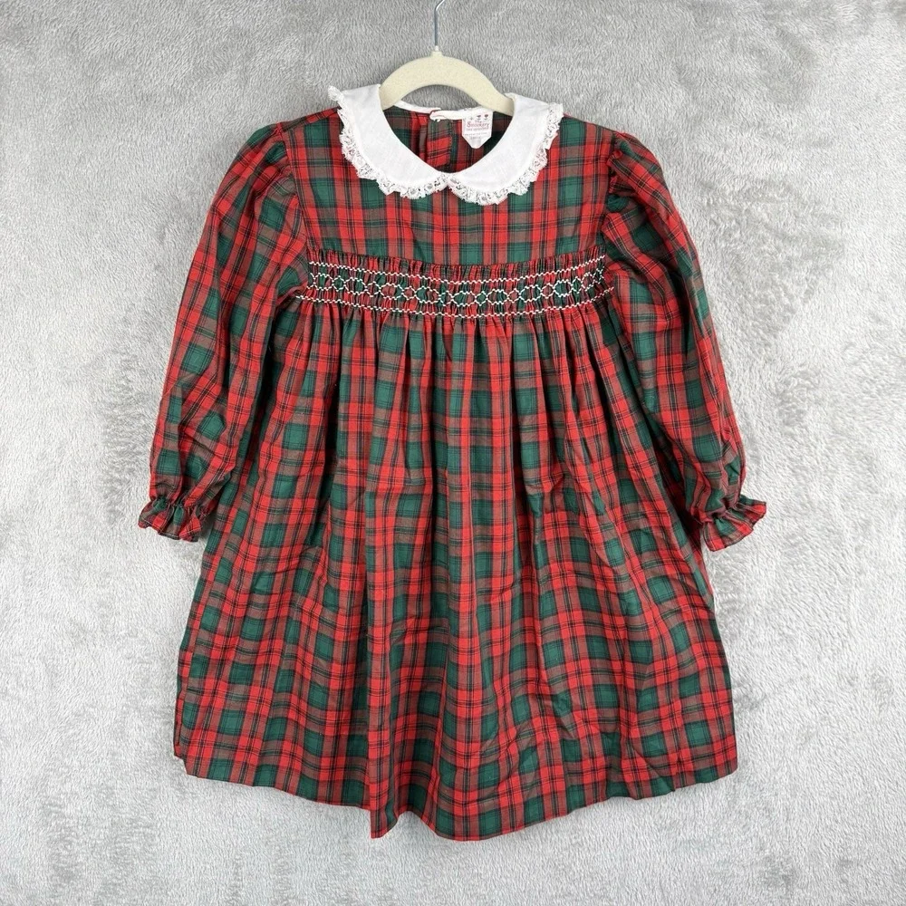The Smockery Smocked Dress Size 6 Holiday Tartan Plaid Vintage 80s Eyelet Collar